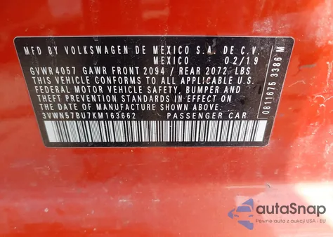 2019 Volkswagen Jetta 1.4T S z USA, uszkodzony, nr VIN 3VWN57BU7KM163662